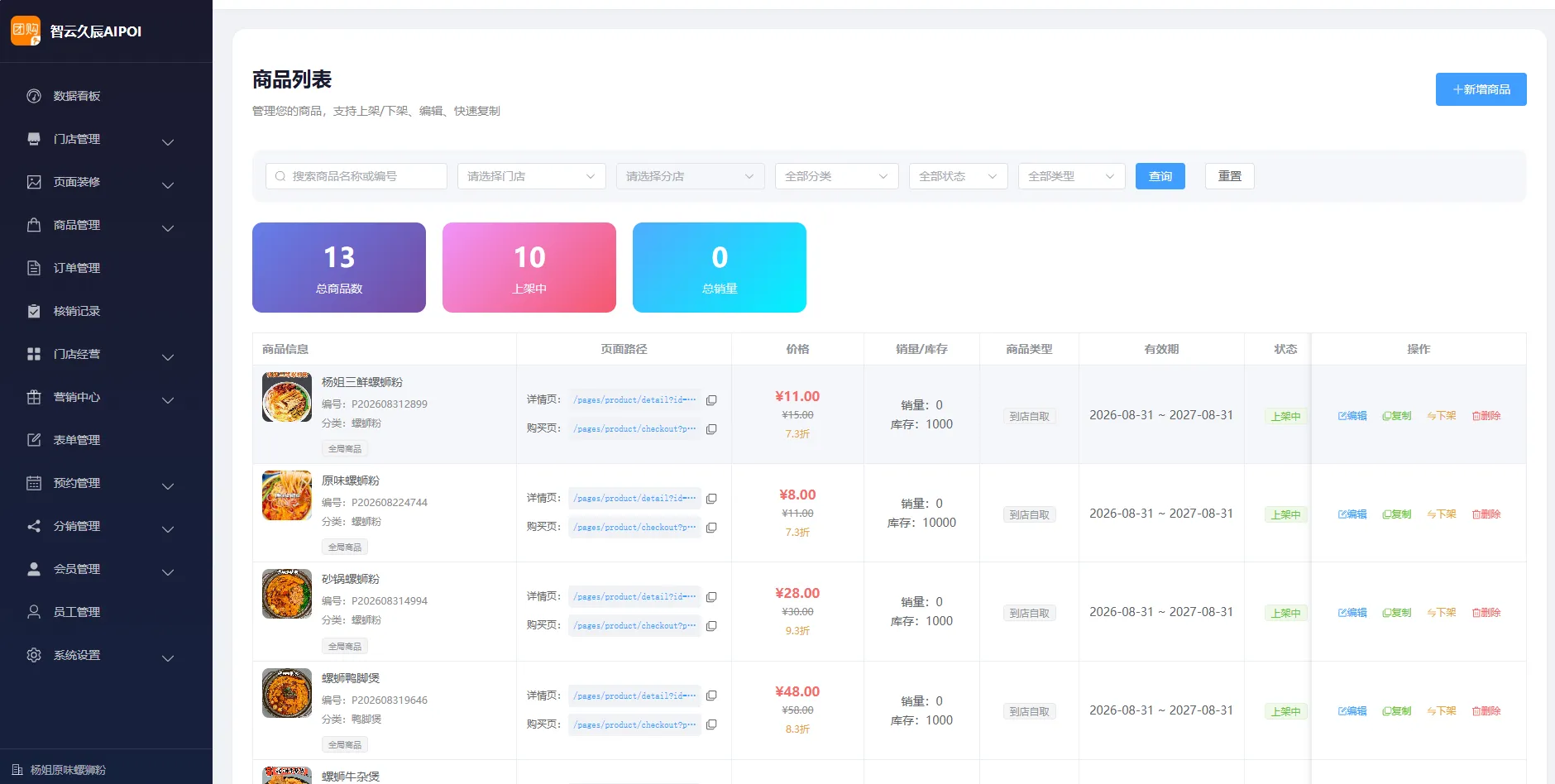视频号POI团购SaaS小程序门店管理与商品列表后台界面